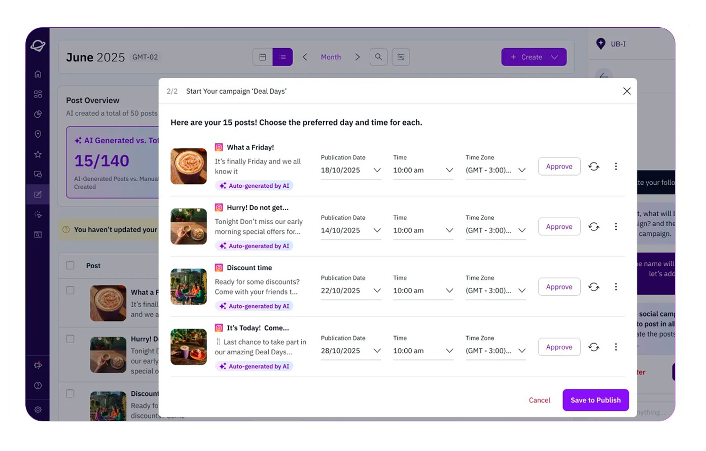 Publicações sociais com IA na Uberall